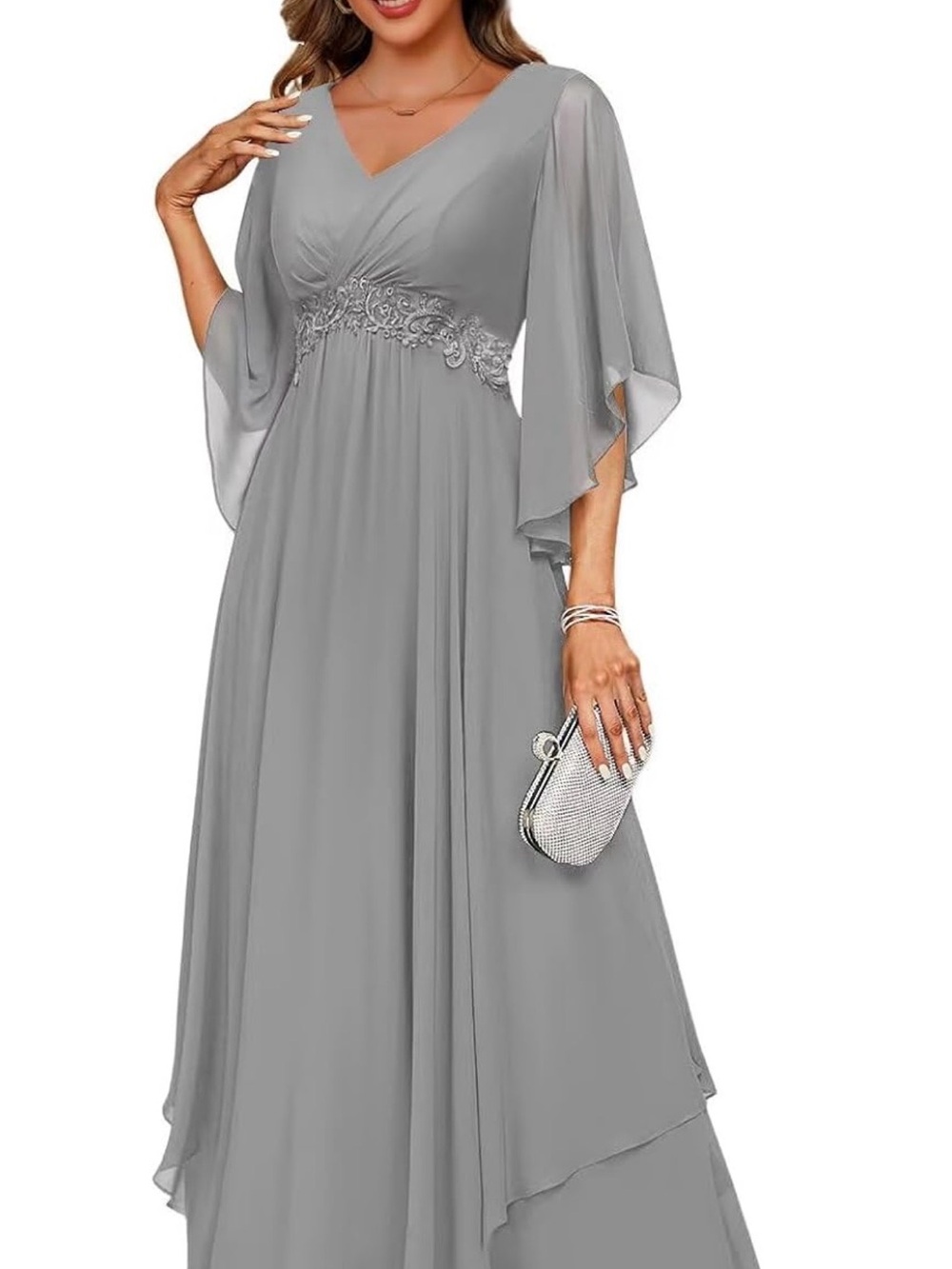 V-Neck Gray Formal Dress with Lace Waist and Flutter Sleeves